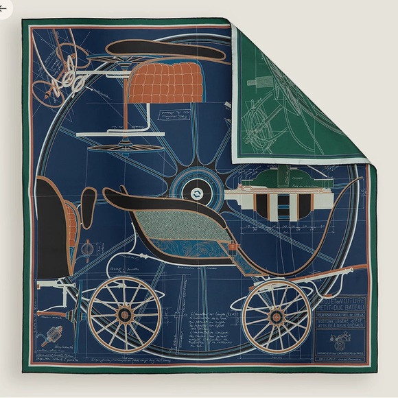 Hermes Blue and Green Scarf Petit Duc double face scarf 90 Carriage - Picture 1 of 14